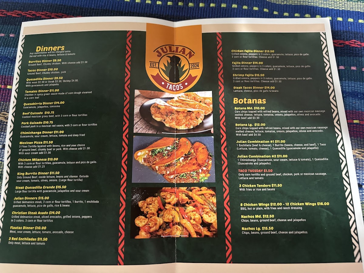 Julian’s tacos menu board