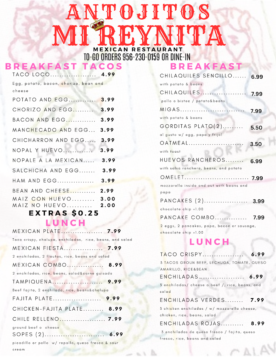 Antojitos Mi Reynita menu board