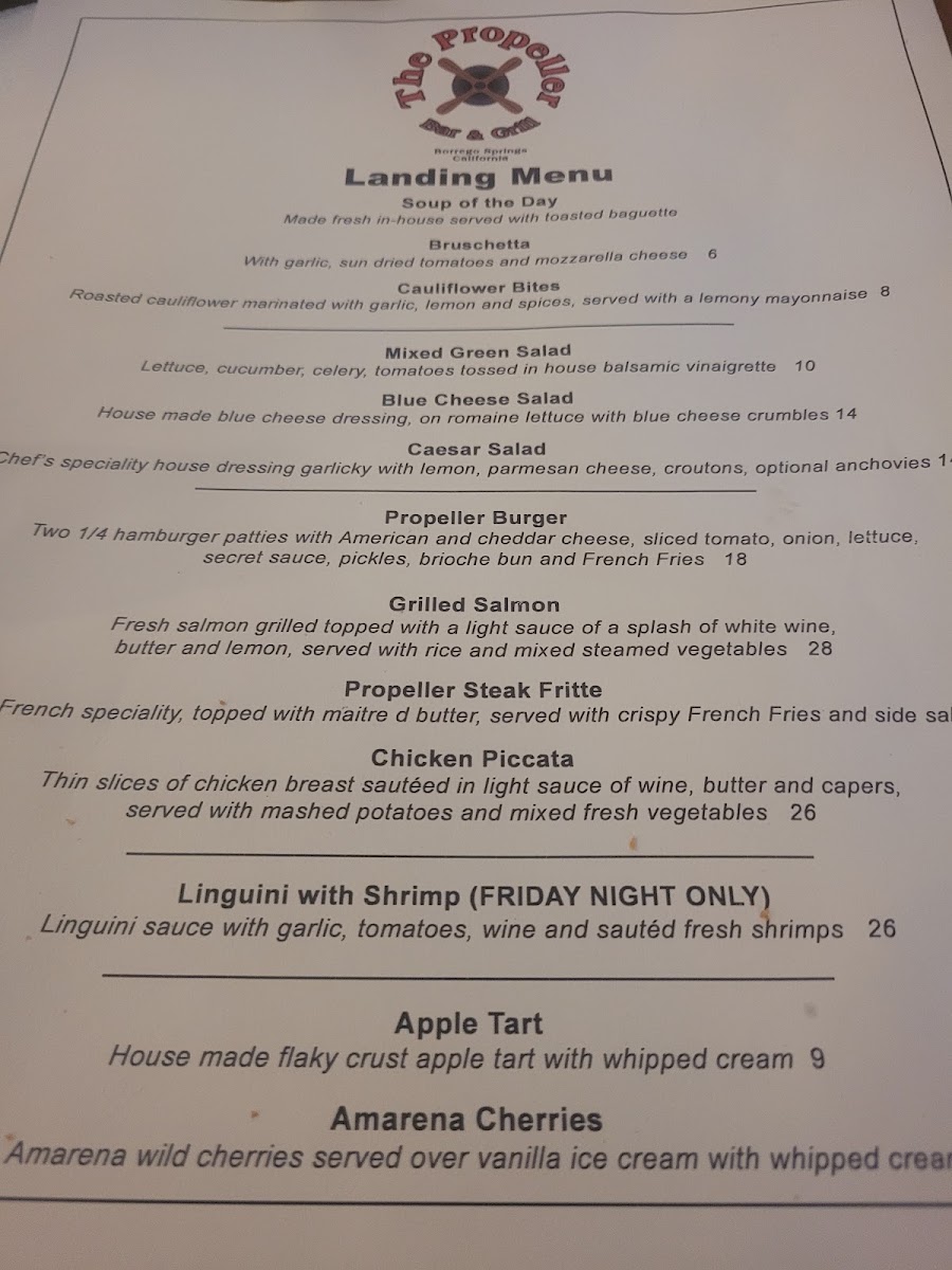 The Propeller Bar & Grill menu board