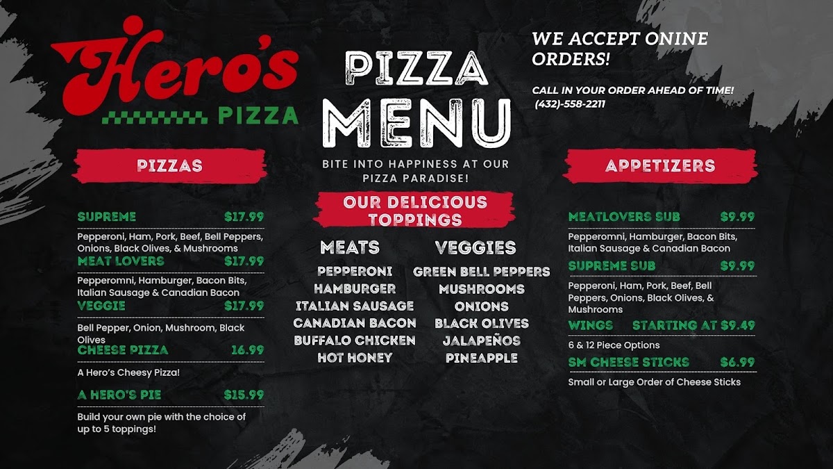 Hero's Pizza menu board