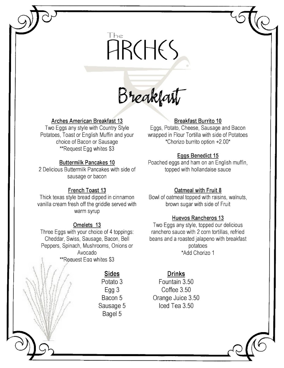 The Arches Restaurant at Borrego Springs Resort menu board