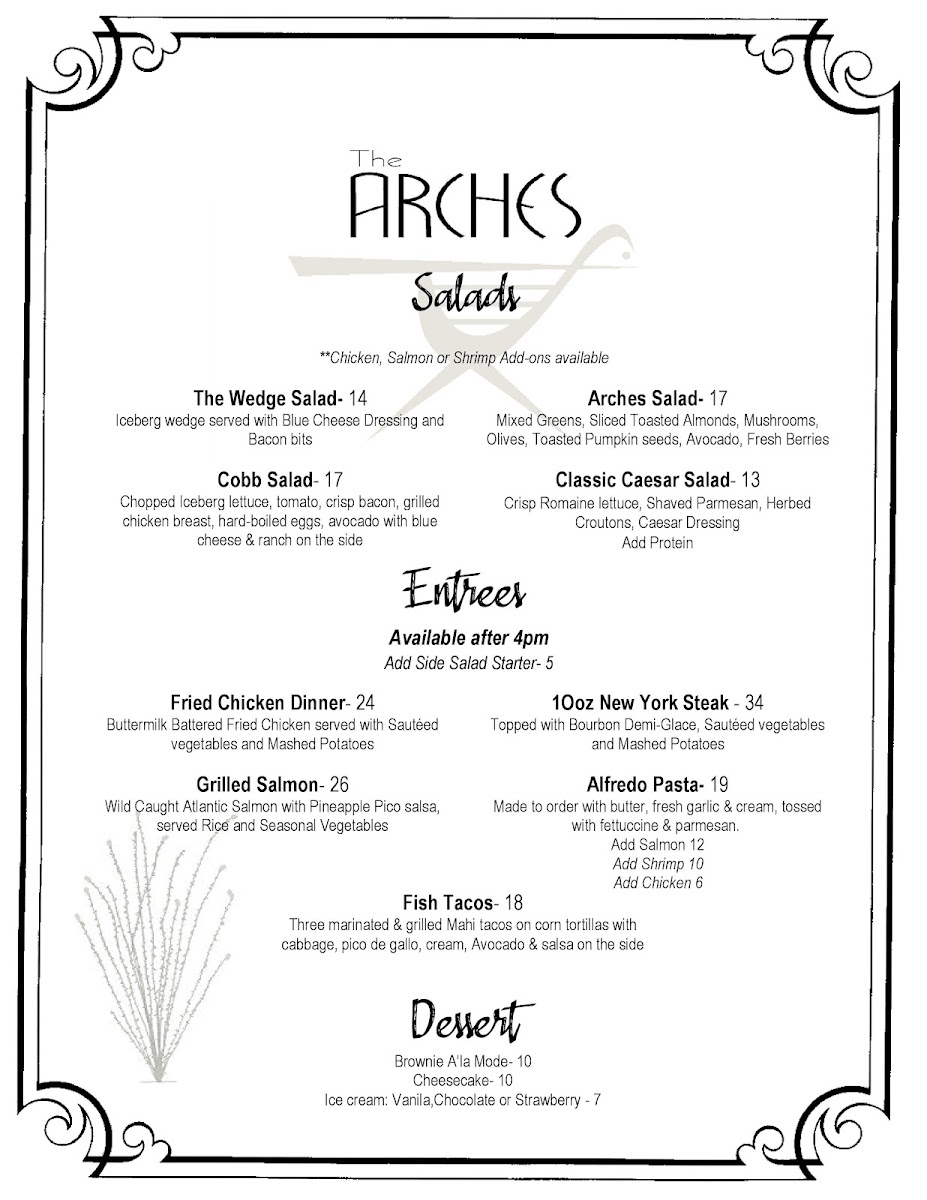 The Arches Restaurant at Borrego Springs Resort menu board