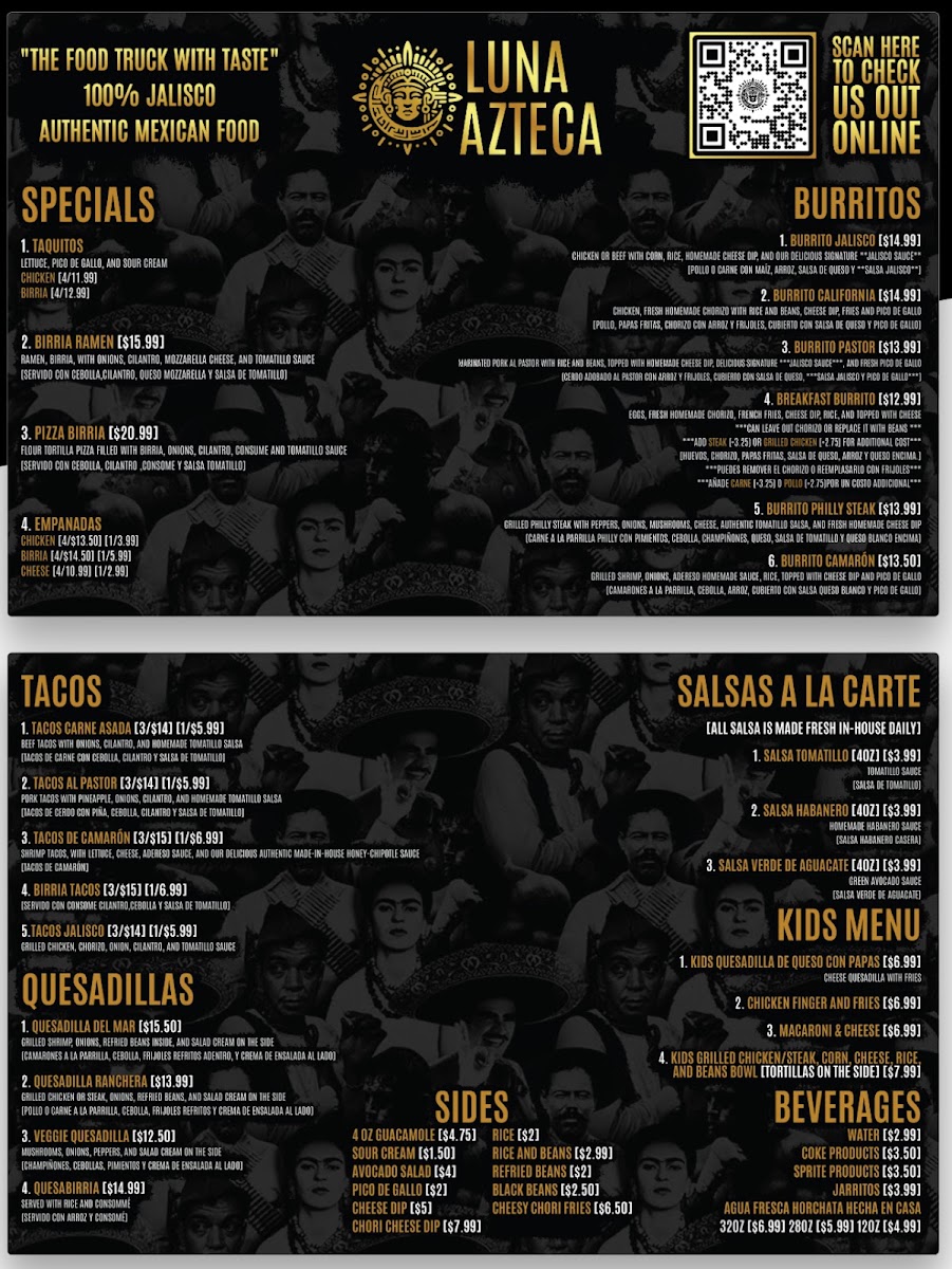 Luna Azteca menu board