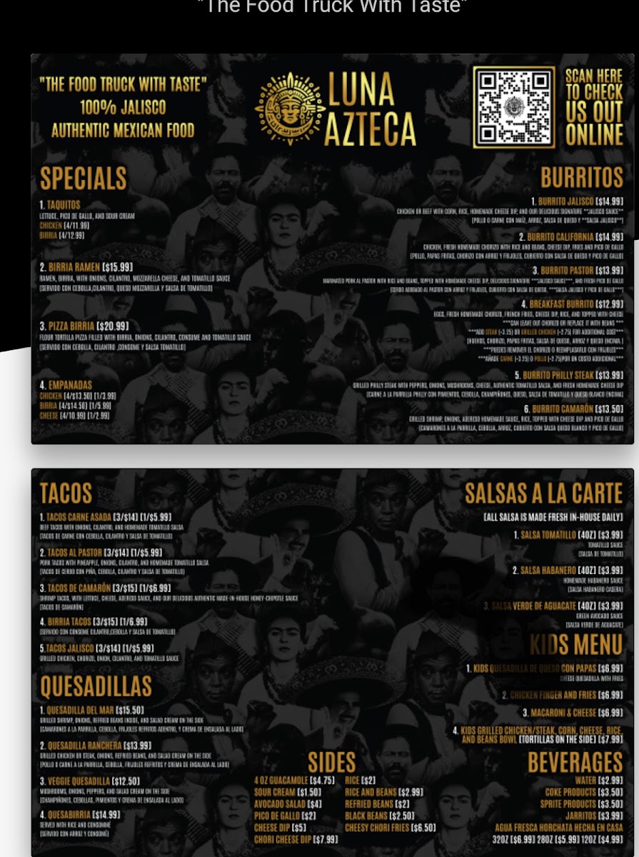 Luna Azteca menu board
