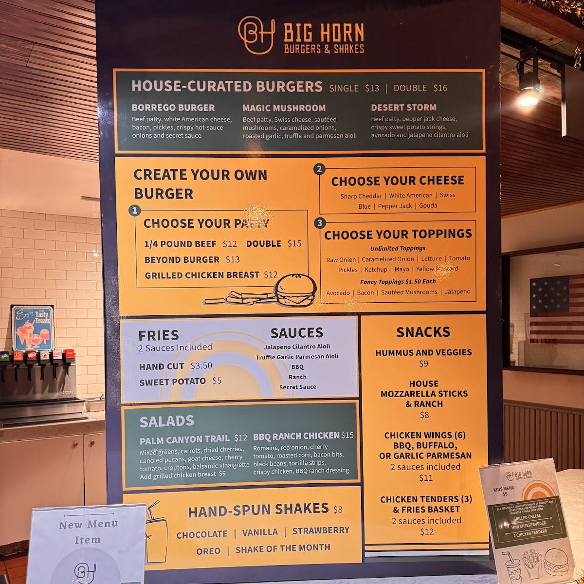 Big Horn Burgers & Shakes menu board