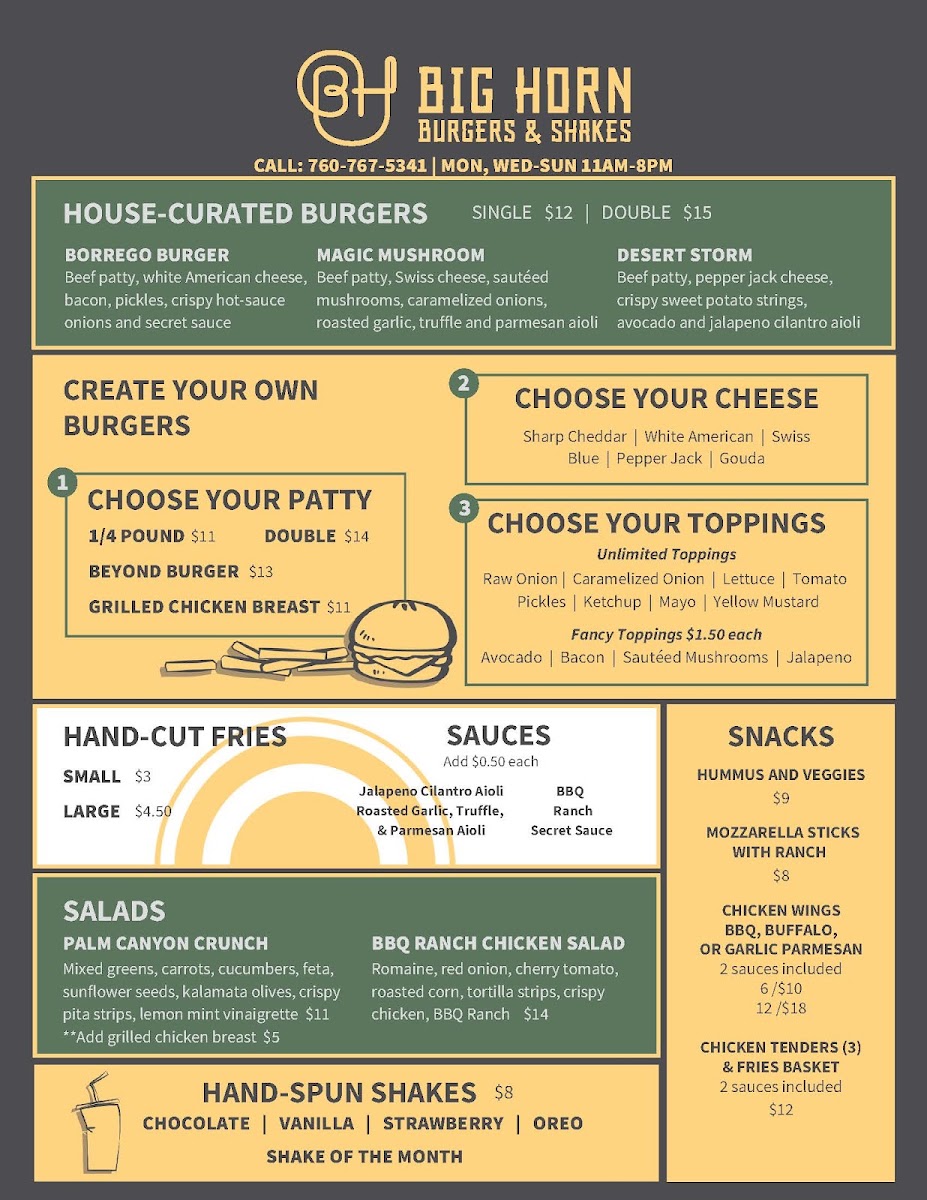 Big Horn Burgers & Shakes menu board