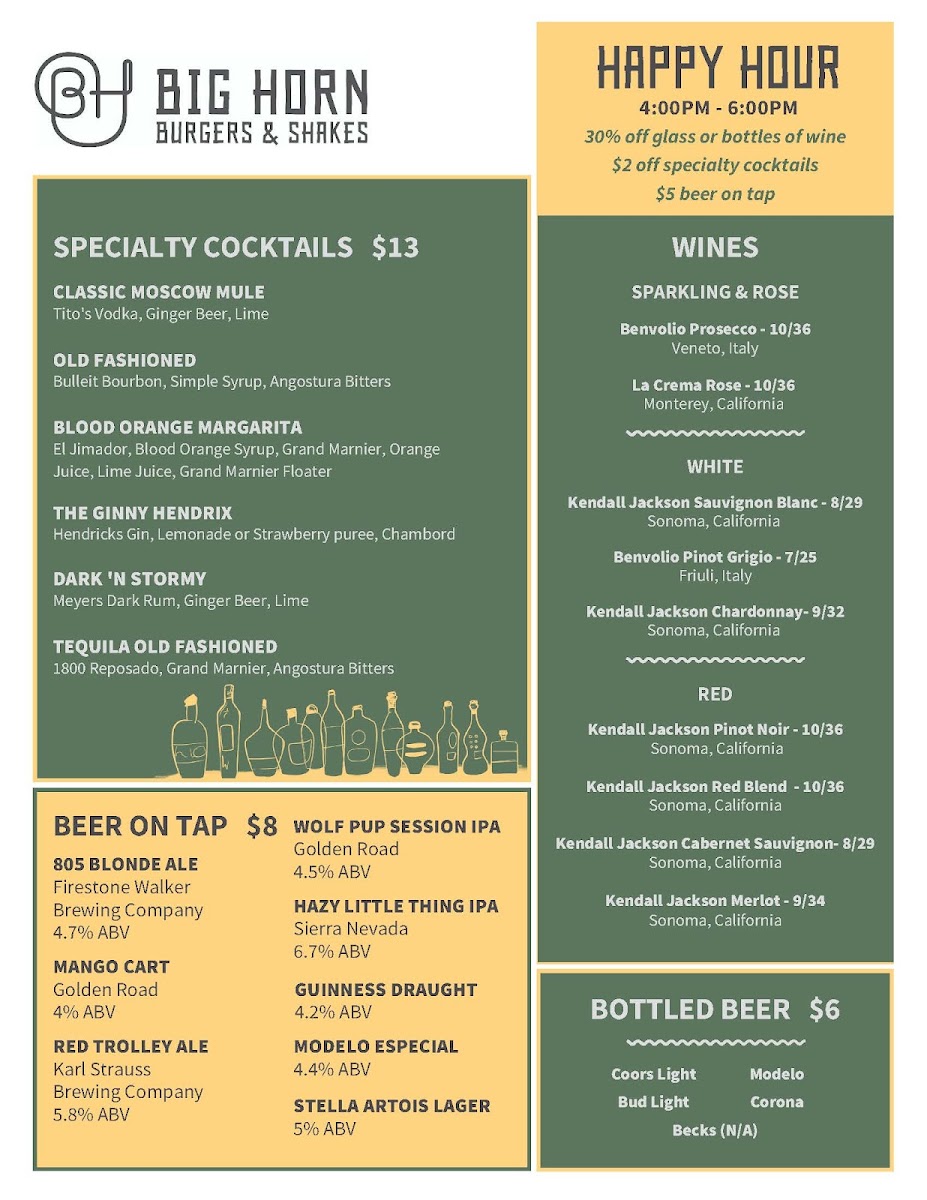 Big Horn Burgers & Shakes menu board