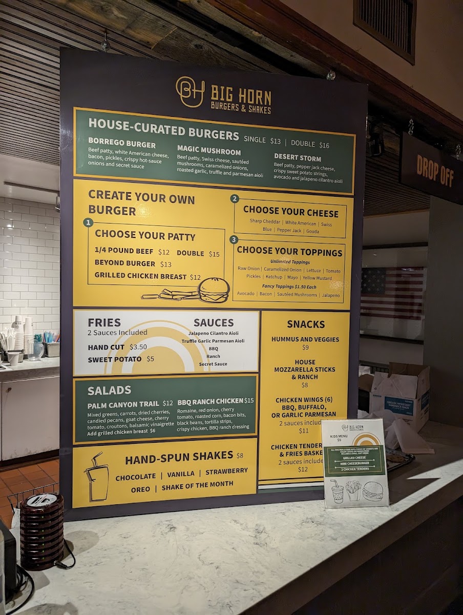 Big Horn Burgers & Shakes menu board