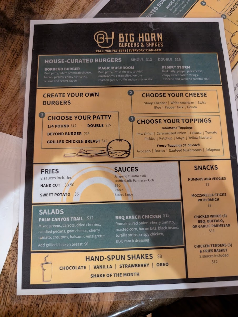 Big Horn Burgers & Shakes menu board