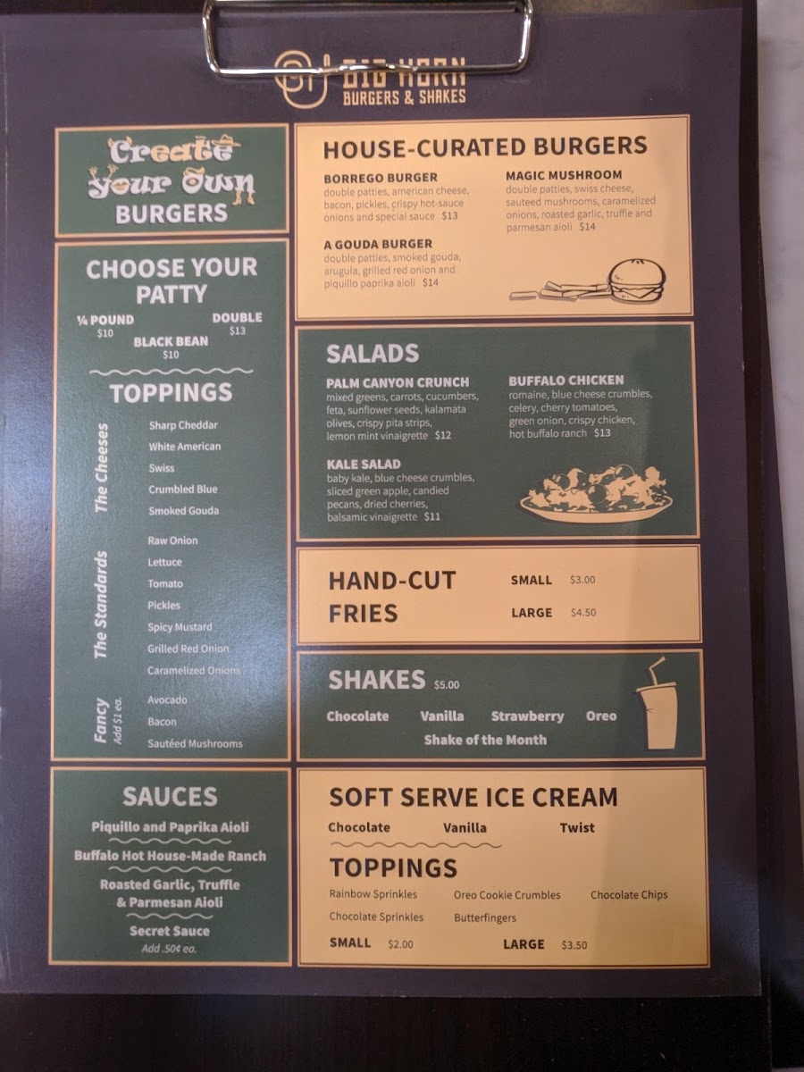 Big Horn Burgers & Shakes menu board