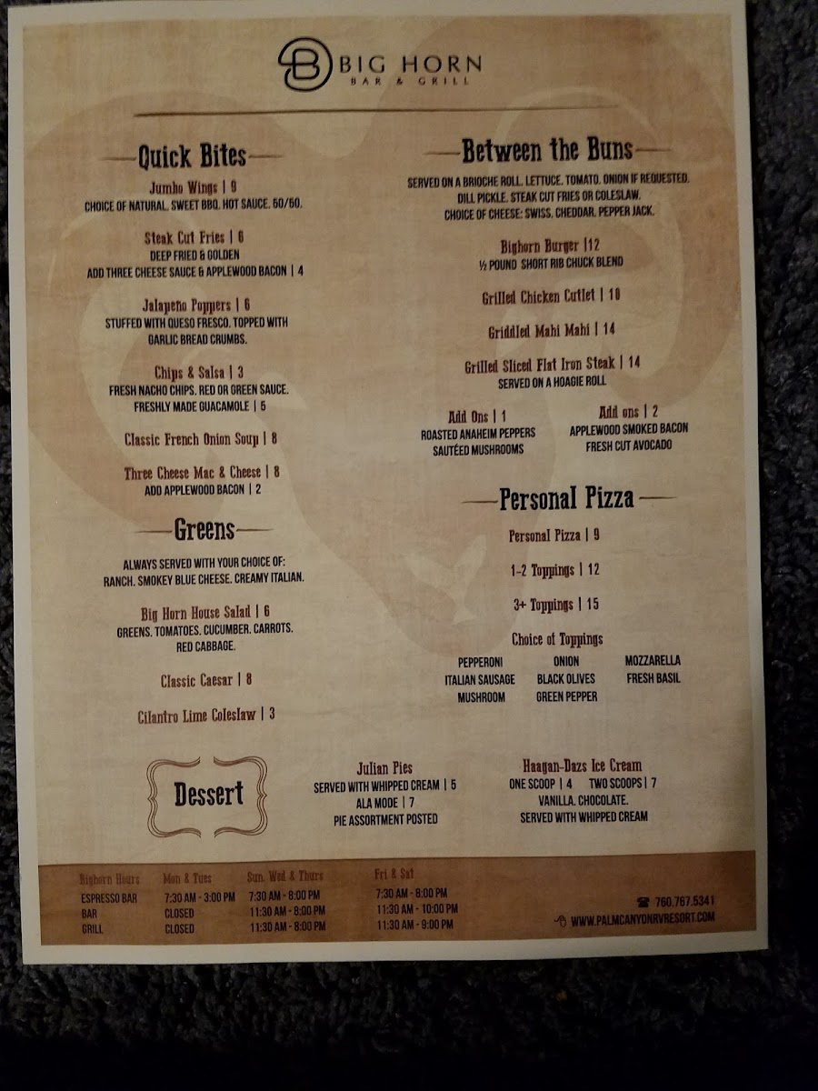 Big Horn Burgers & Shakes menu board