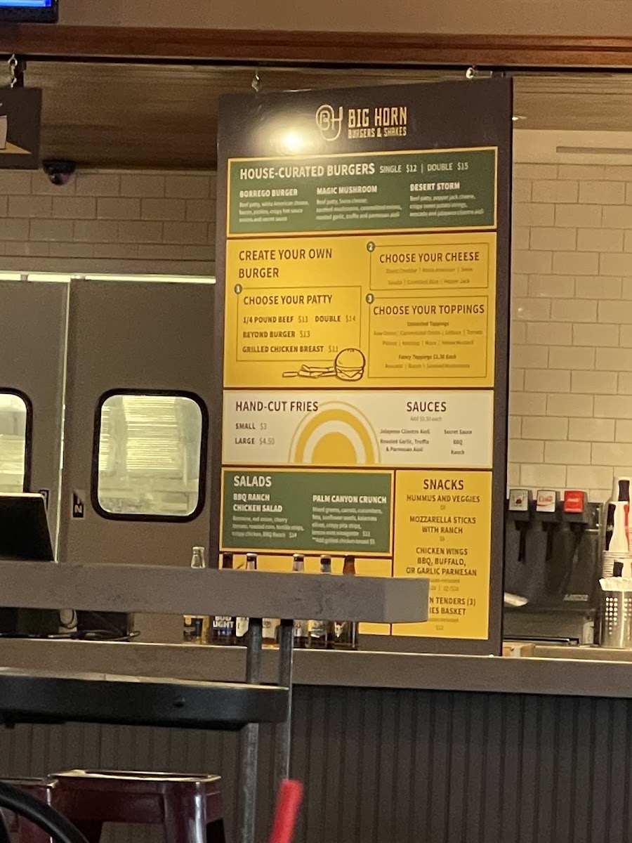 Big Horn Burgers & Shakes menu board