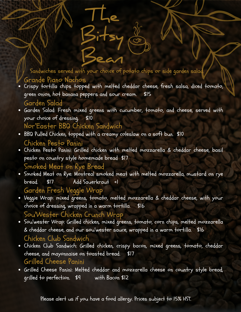 Bitsy Bean & Night Owl Coffee menu board