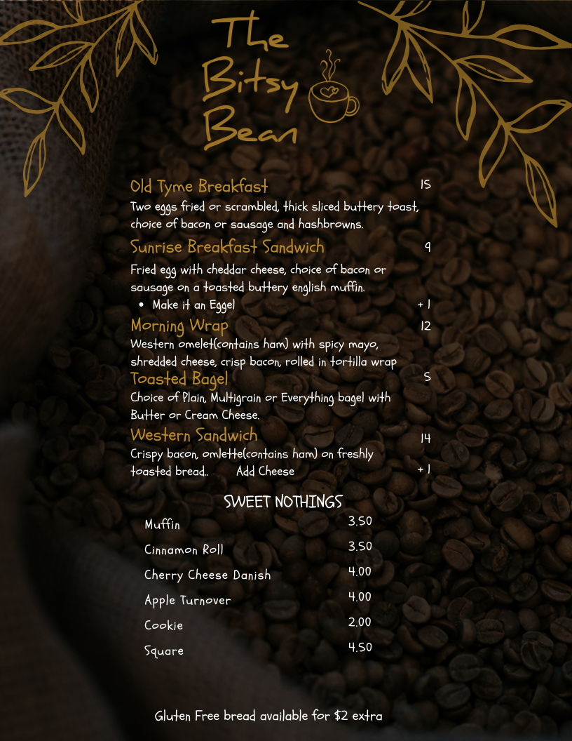 Bitsy Bean & Night Owl Coffee menu board