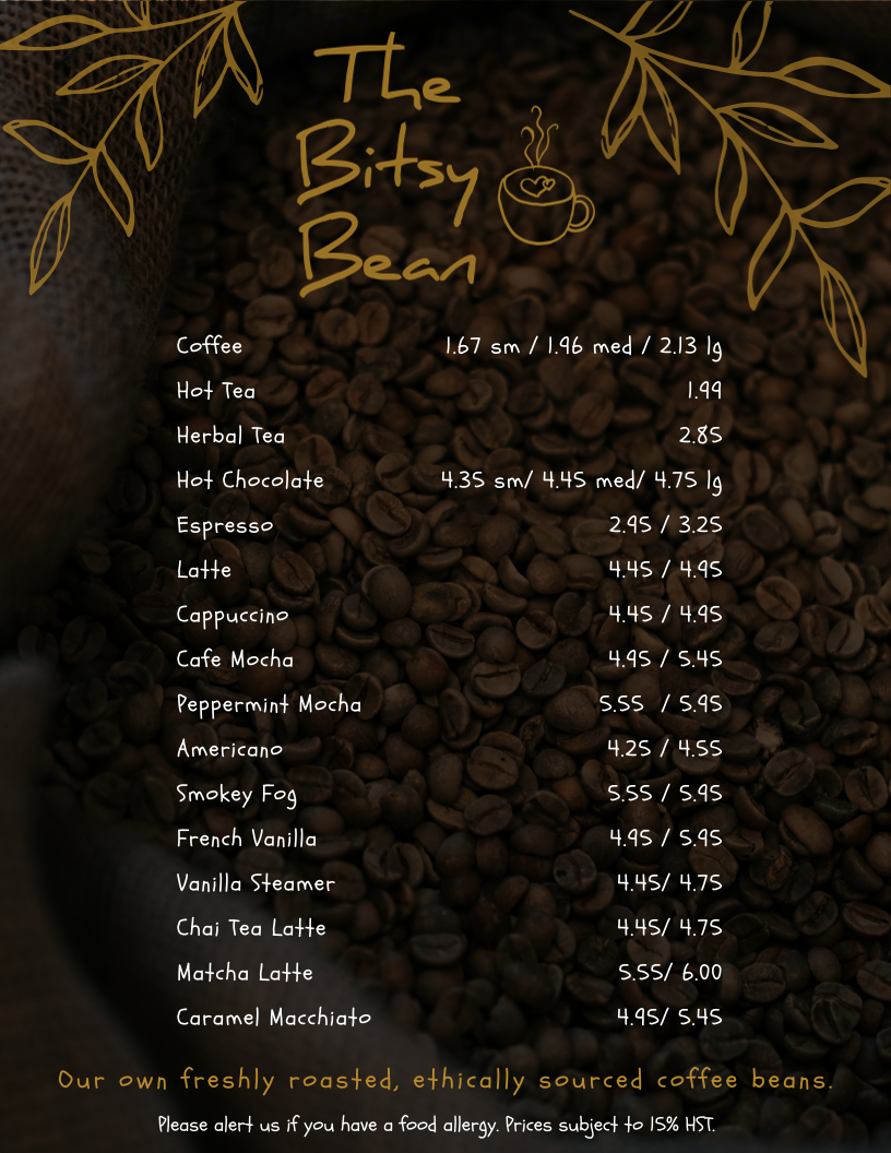 Bitsy Bean & Night Owl Coffee menu board