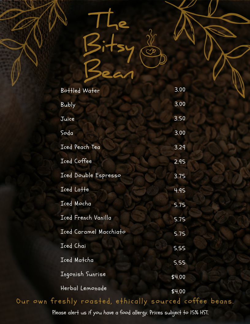 Bitsy Bean & Night Owl Coffee menu board