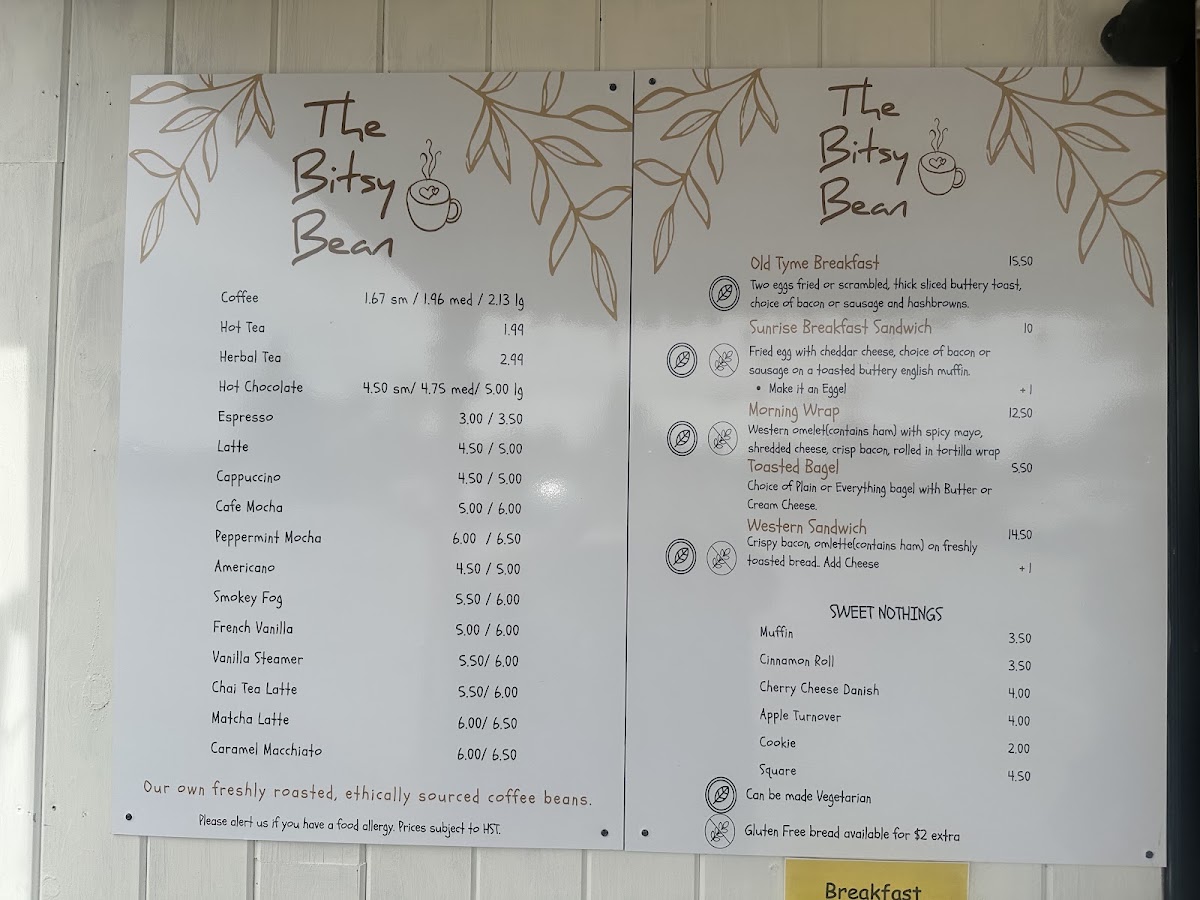 Bitsy Bean & Night Owl Coffee menu board
