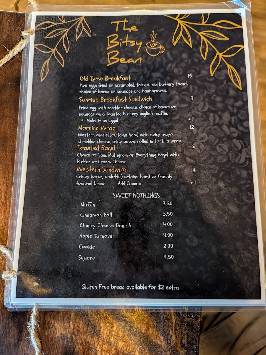 Bitsy Bean & Night Owl Coffee menu board