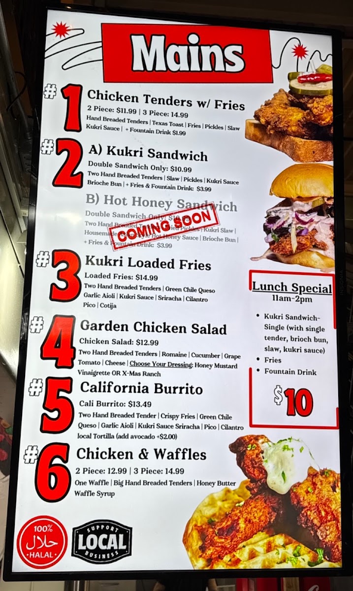 KūKri - Hot Chicken Tenders (Midtown, Albuquerque) menu board