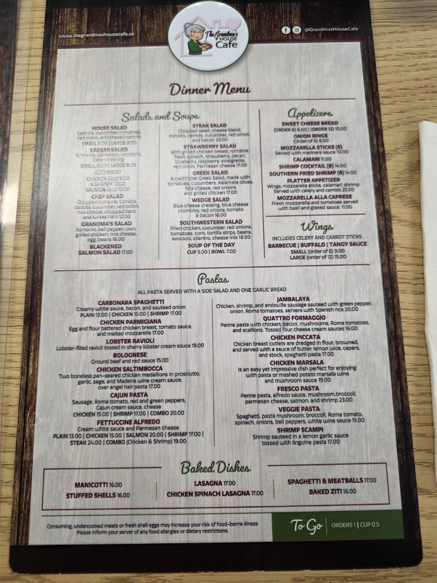 The Grandma's House Cafe menu board