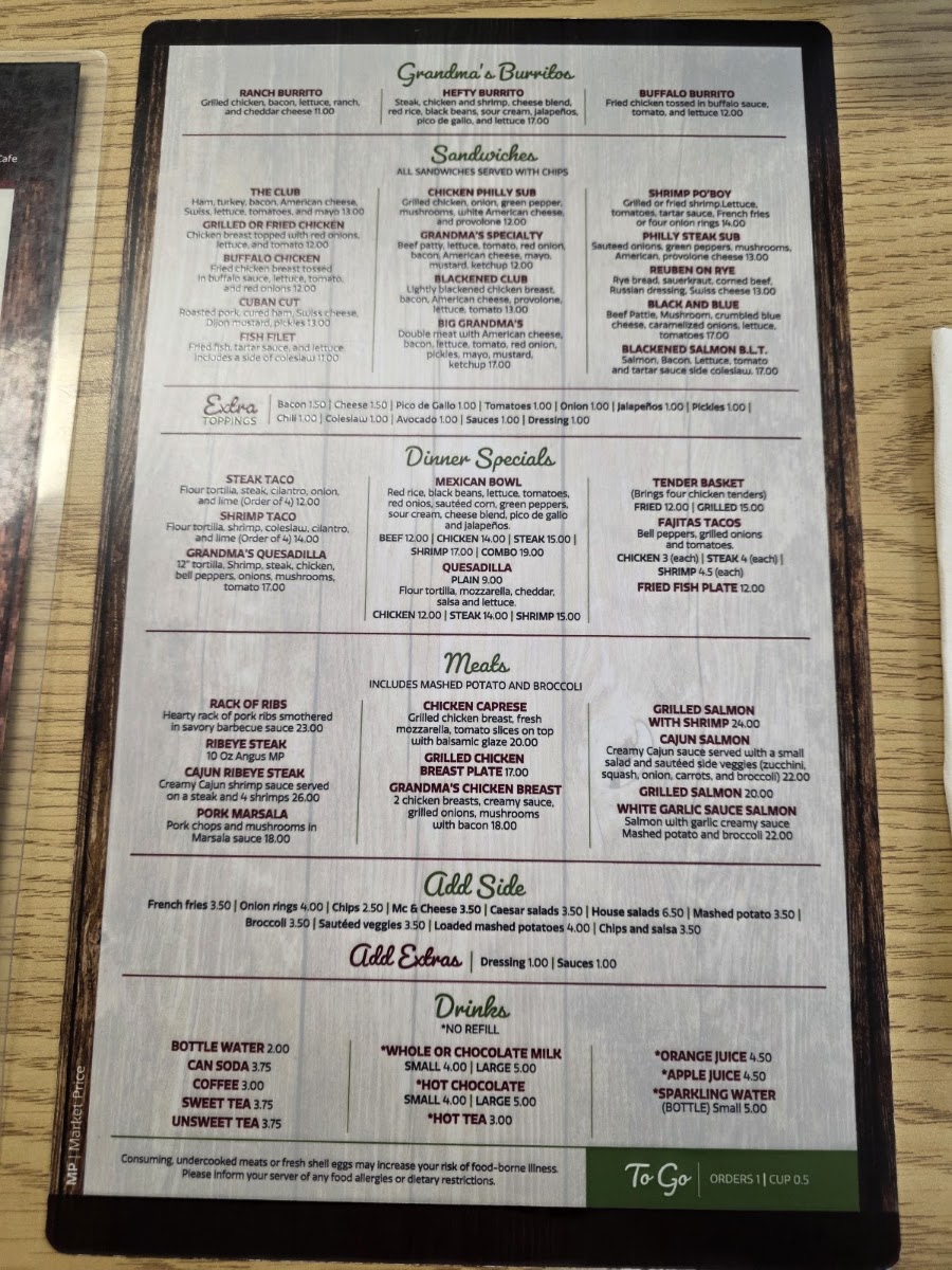 The Grandma's House Cafe menu board