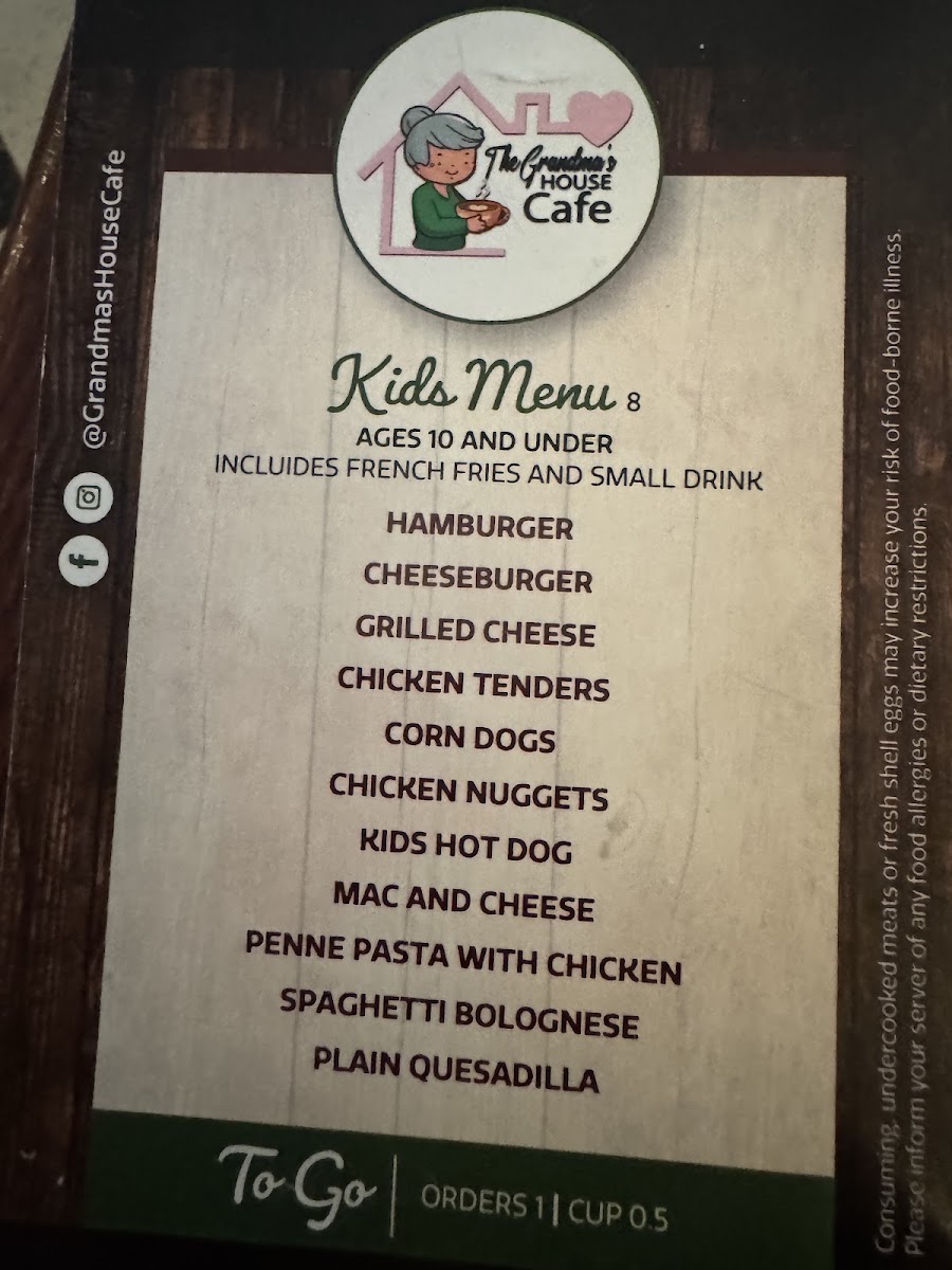 The Grandma's House Cafe menu board