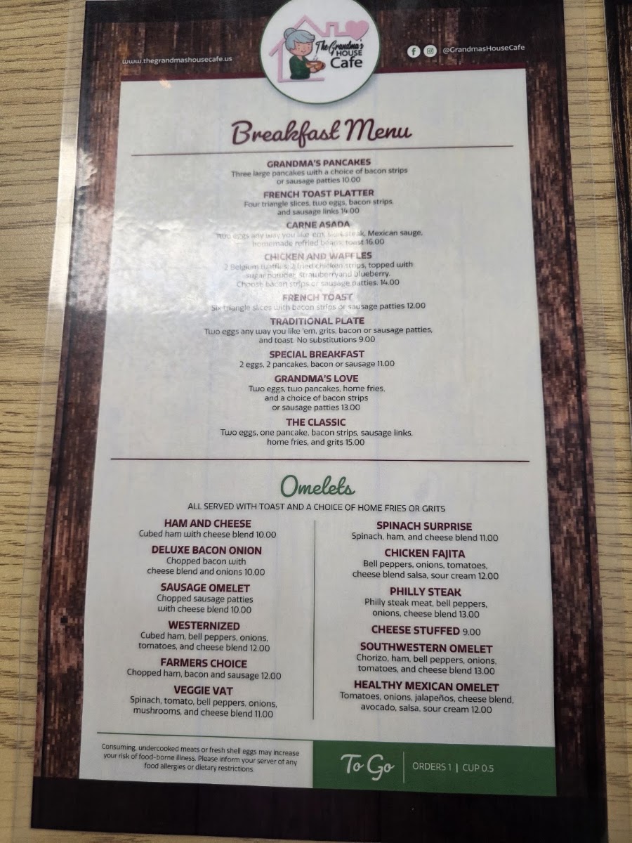 The Grandma's House Cafe menu board