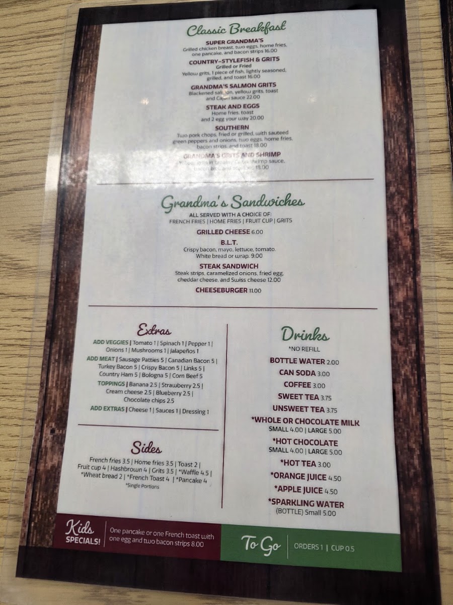 The Grandma's House Cafe menu board
