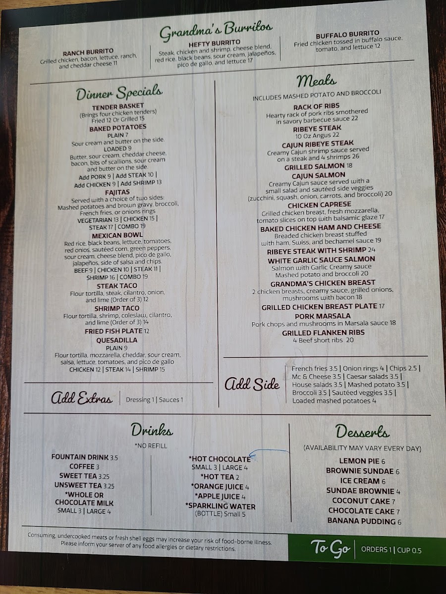 The Grandma's House Cafe menu board
