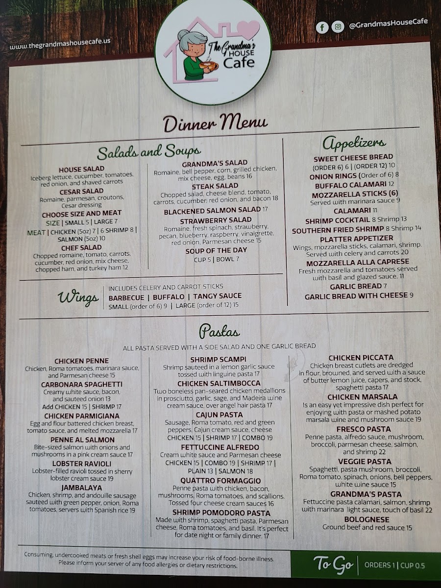 The Grandma's House Cafe menu board
