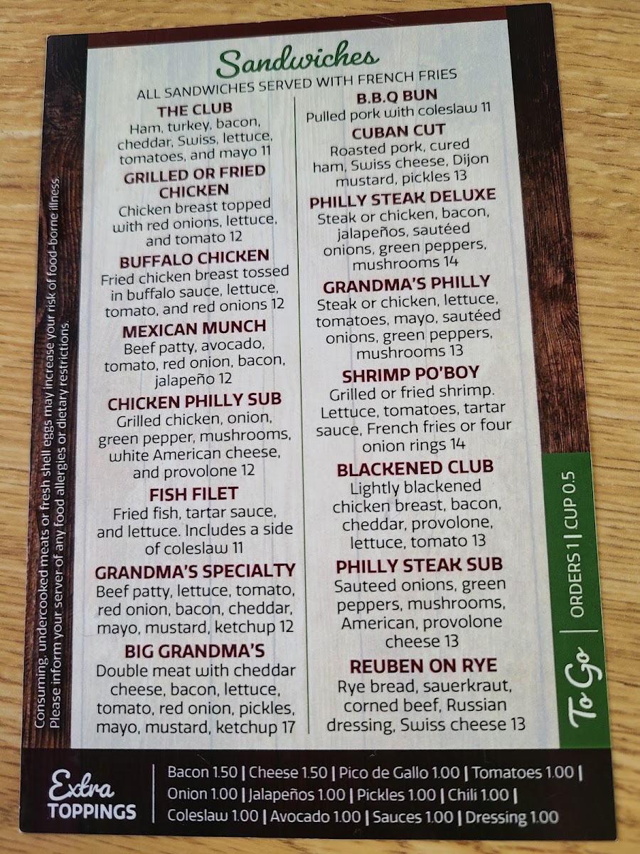 The Grandma's House Cafe menu board