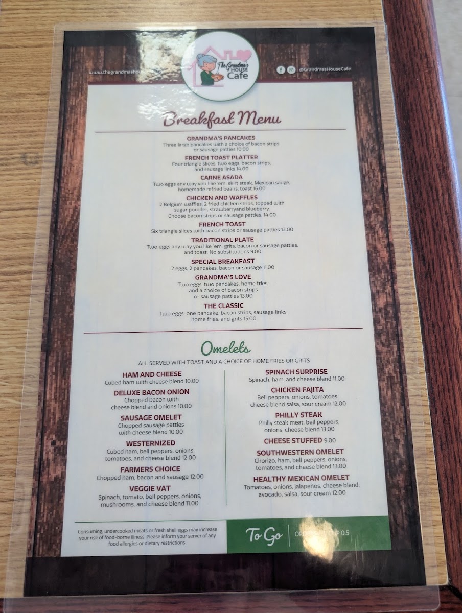 The Grandma's House Cafe menu board