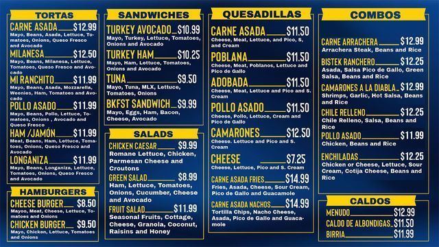 Mi Ranchito Mexican Food menu board