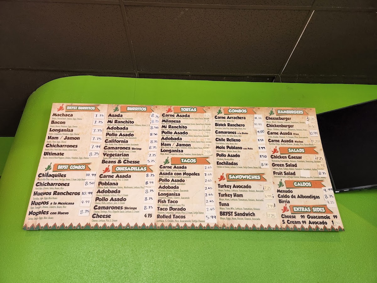 Mi Ranchito Mexican Food menu board