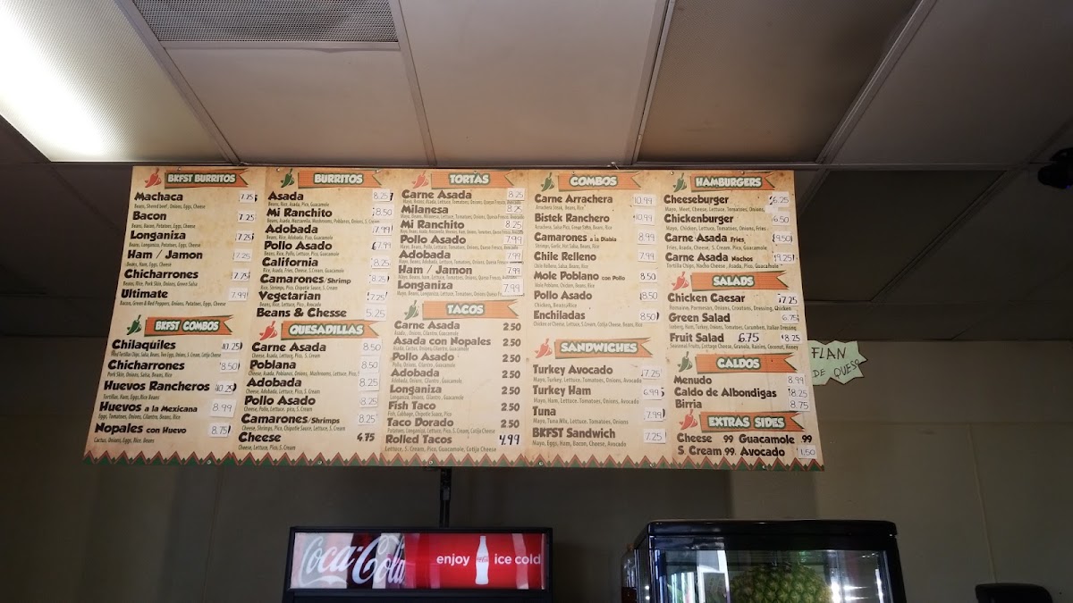 Mi Ranchito Mexican Food menu board