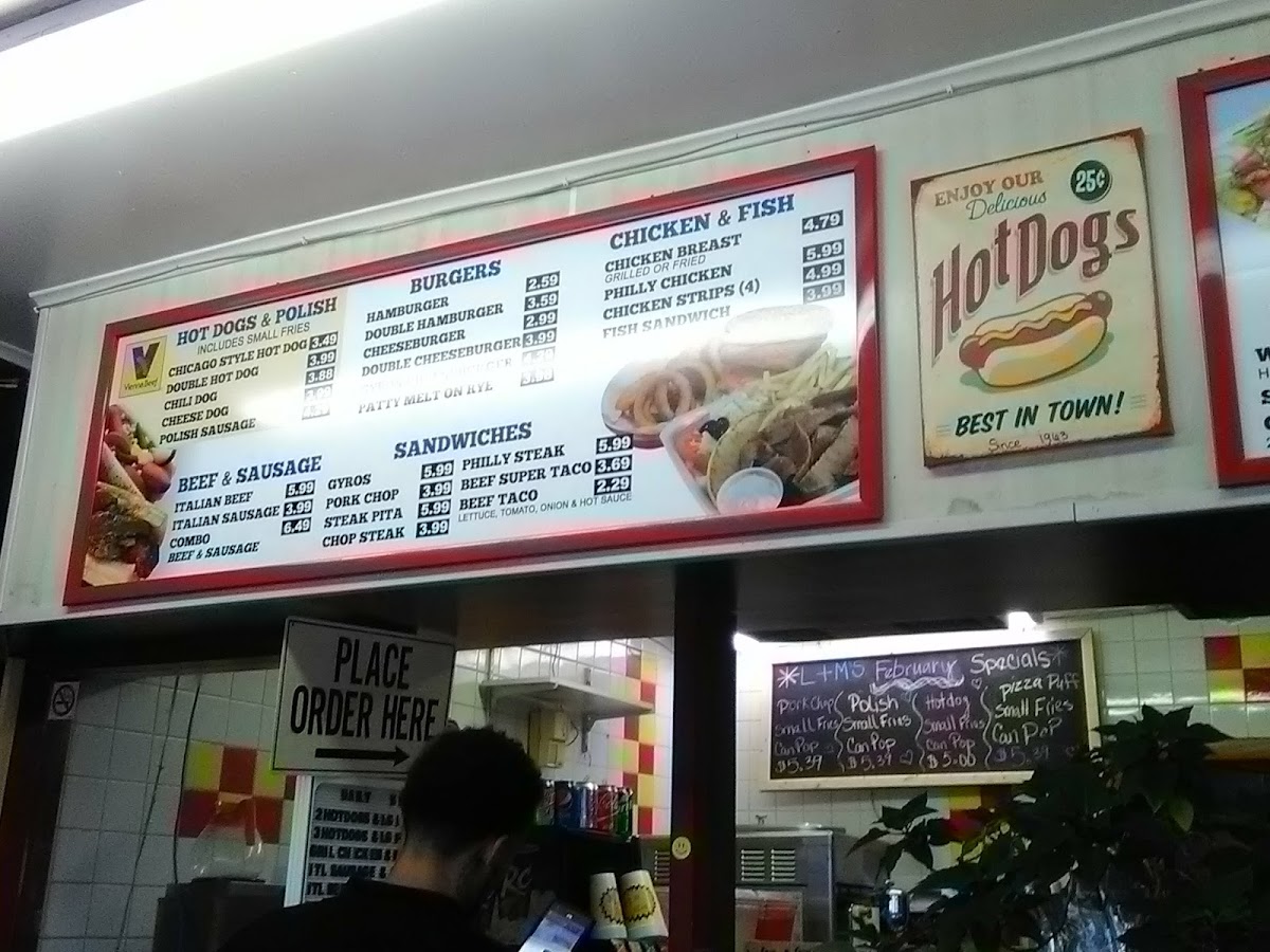 L & M Hot Dogs menu board
