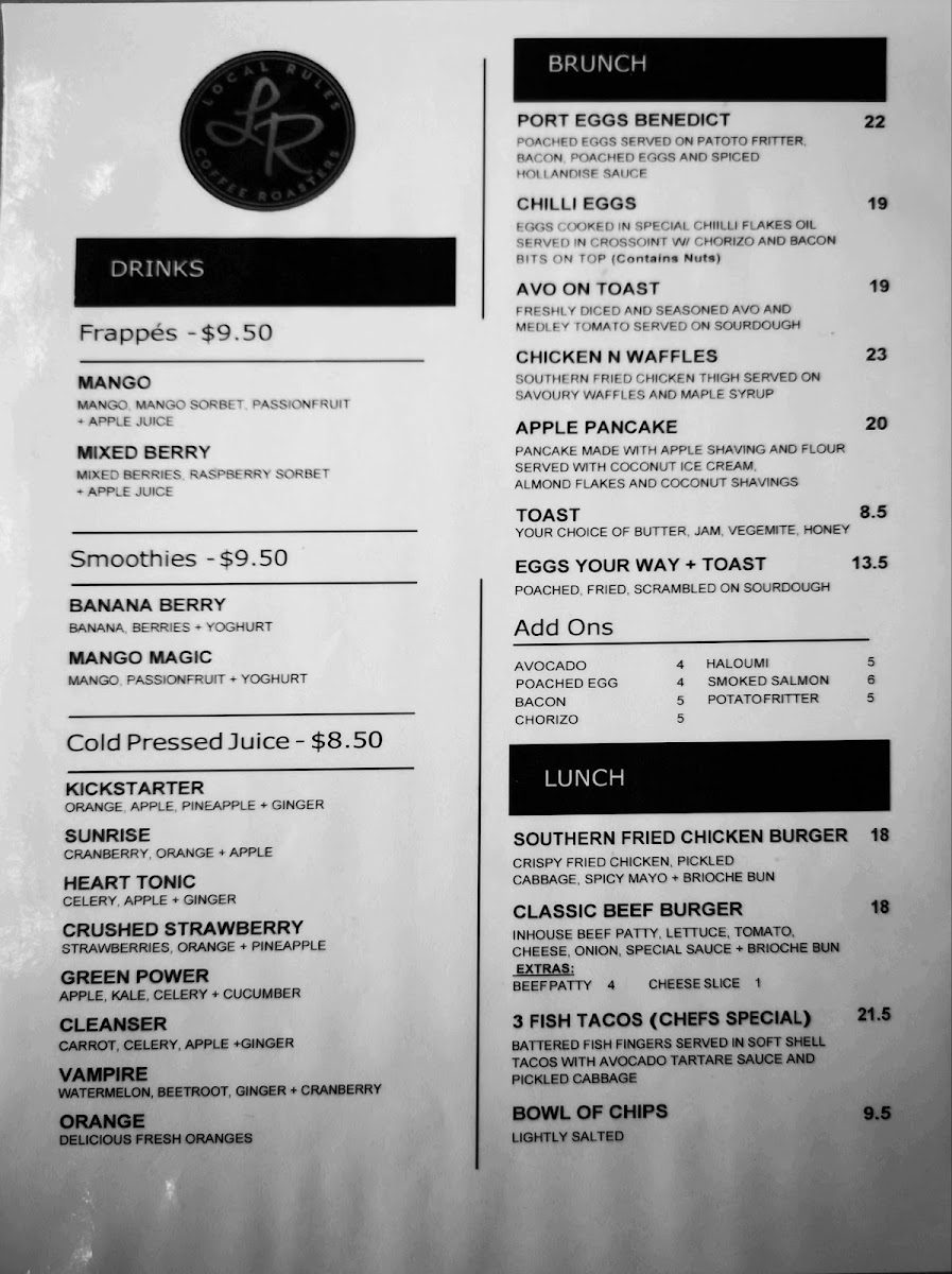 Local Rules Coffee Roasters menu board