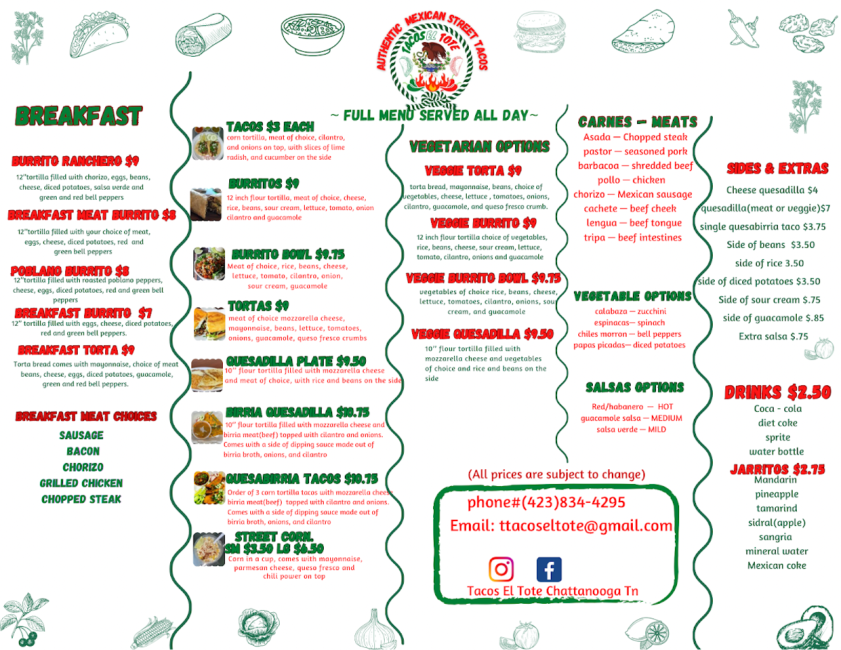 Tacos El Tote (Food Truck) menu board