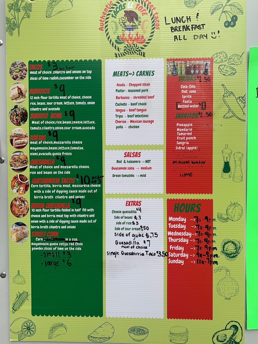 Tacos El Tote (Food Truck) menu board