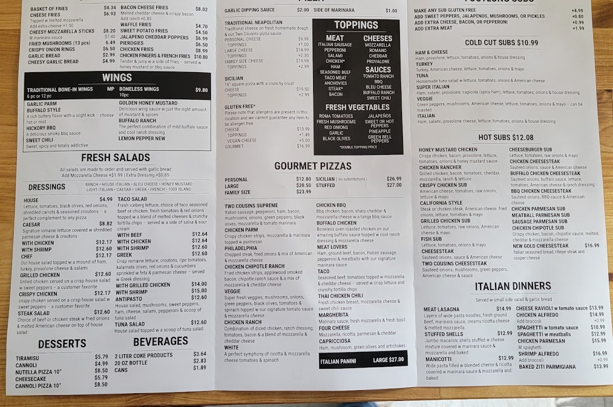Two Cousins Pizza downtown menu board