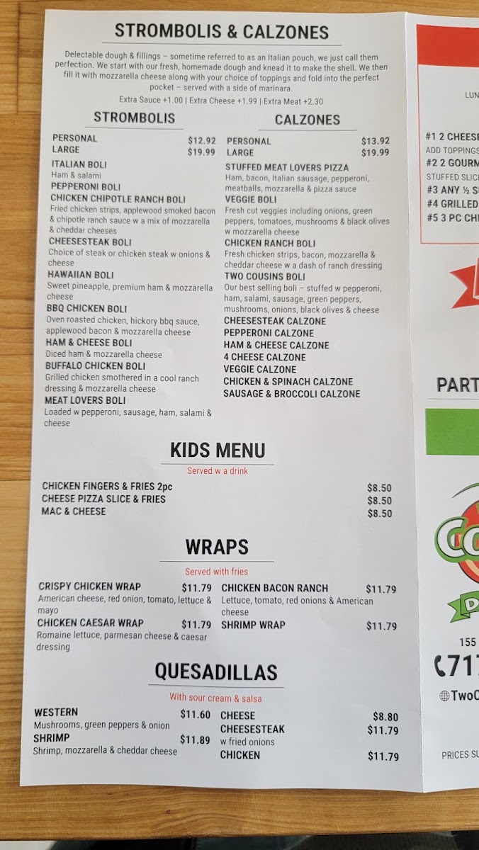 Two Cousins Pizza downtown menu board