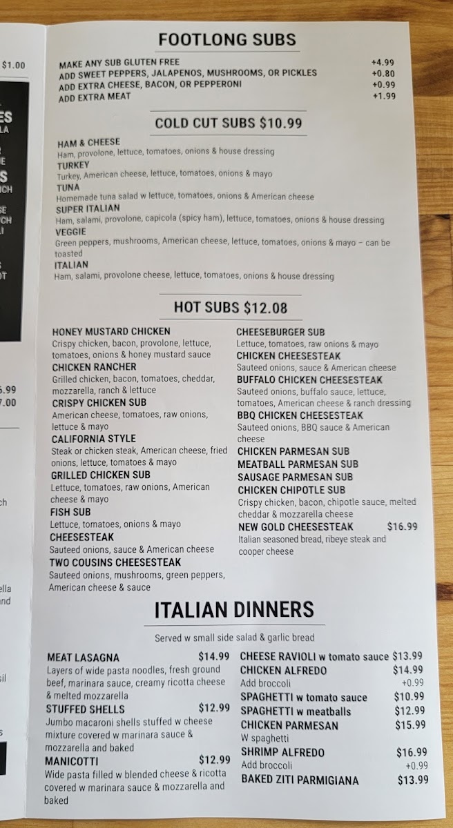 Two Cousins Pizza downtown menu board