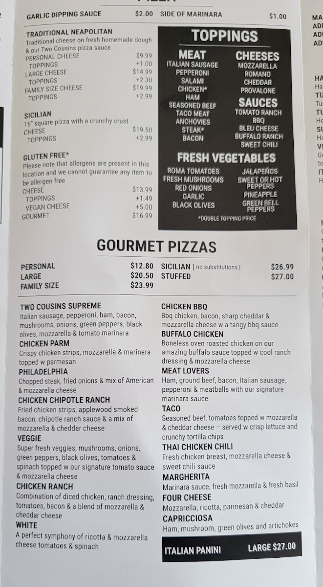 Two Cousins Pizza downtown menu board