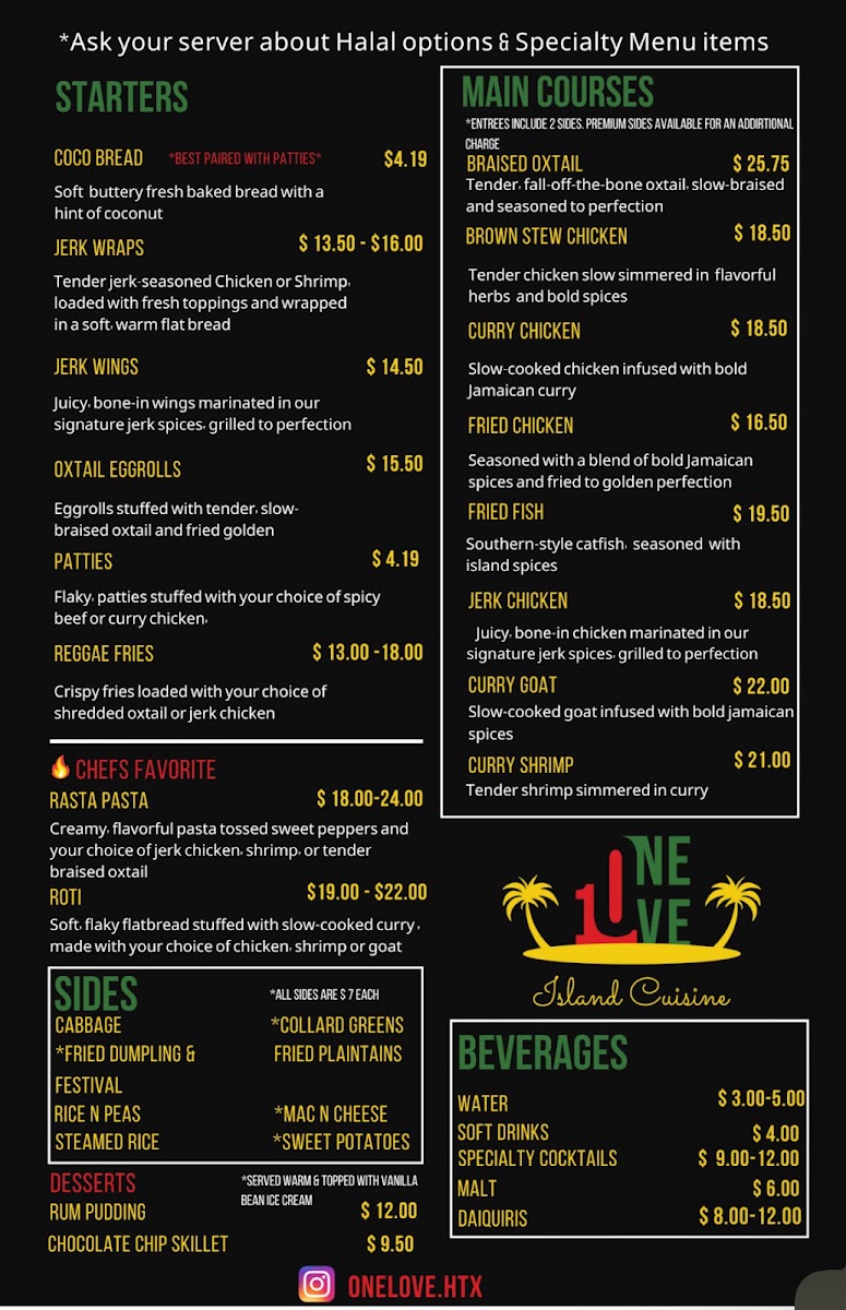 One Love Island Cuisine menu board