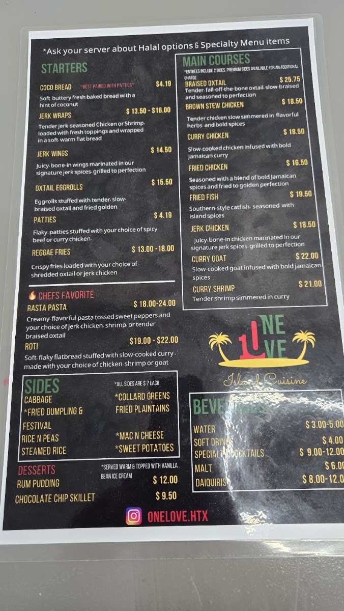One Love Island Cuisine menu board
