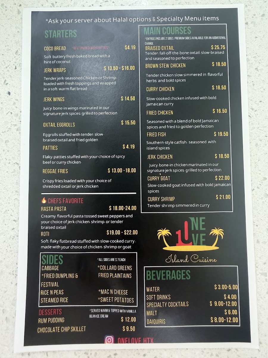 One Love Island Cuisine menu board