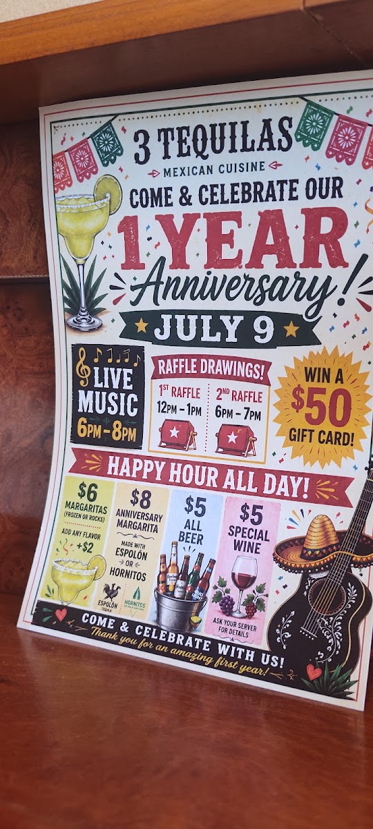 3Tequilas Mexican Restaurant menu board