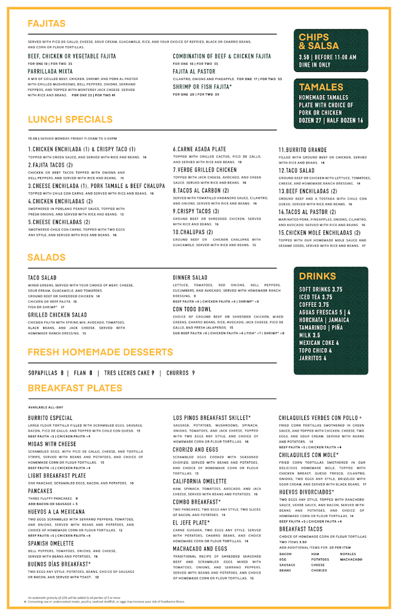 Los Pinos Jalisco menu board