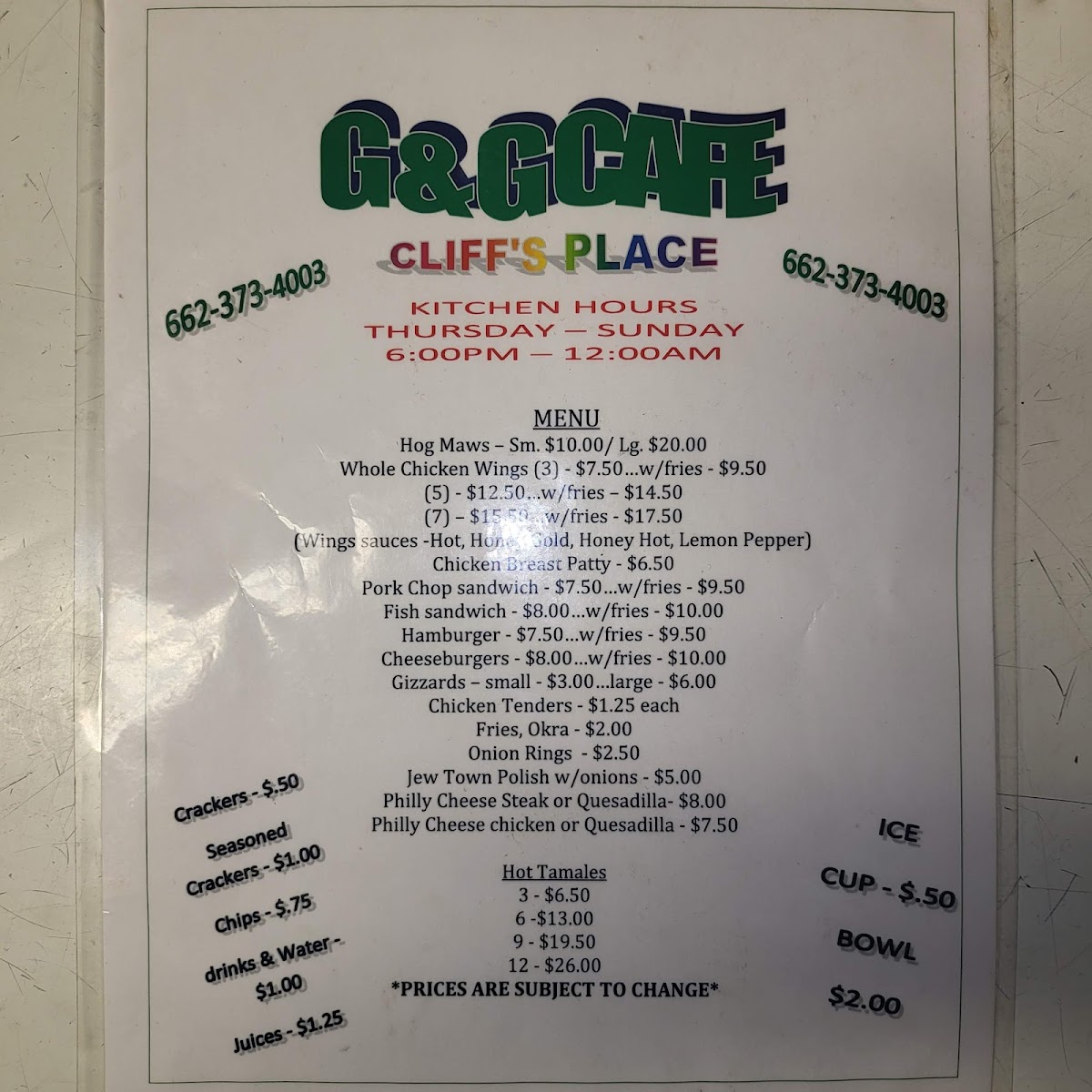 G&G Cafe menu board