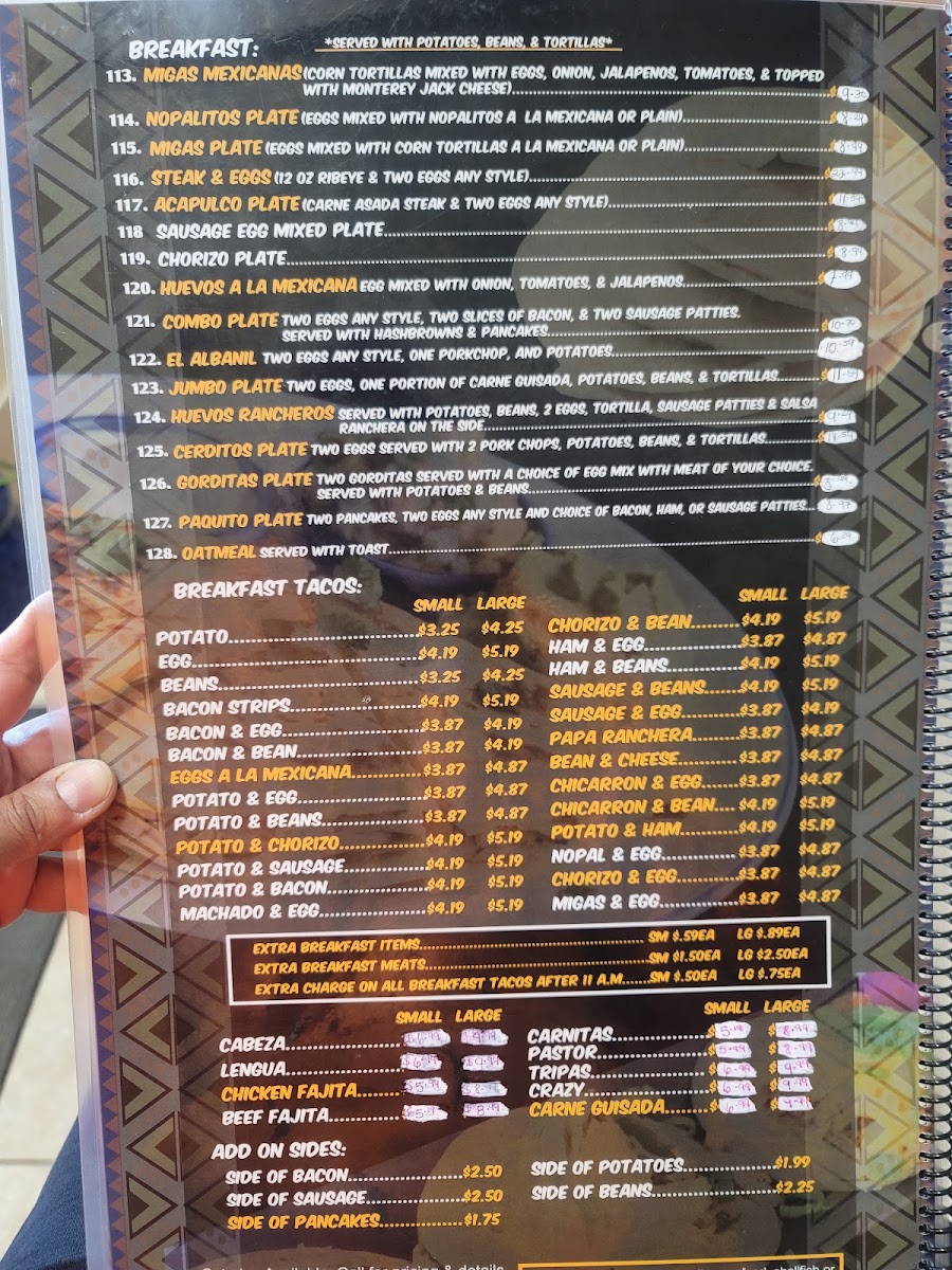 Taqueria La Texana menu board